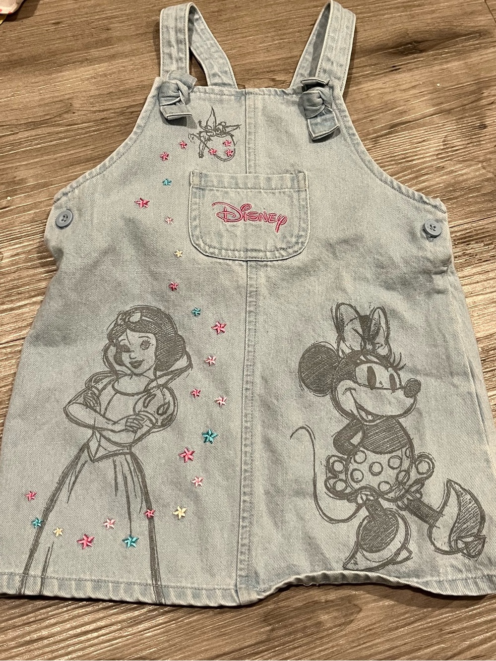 Disney Light Wash Denim Girls' Overall Dress with Snow White & Minnie - Blue